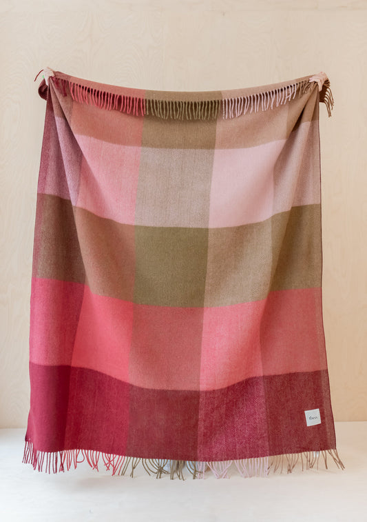 Recycled Wool Blanket - Pink Herringbone Block Check