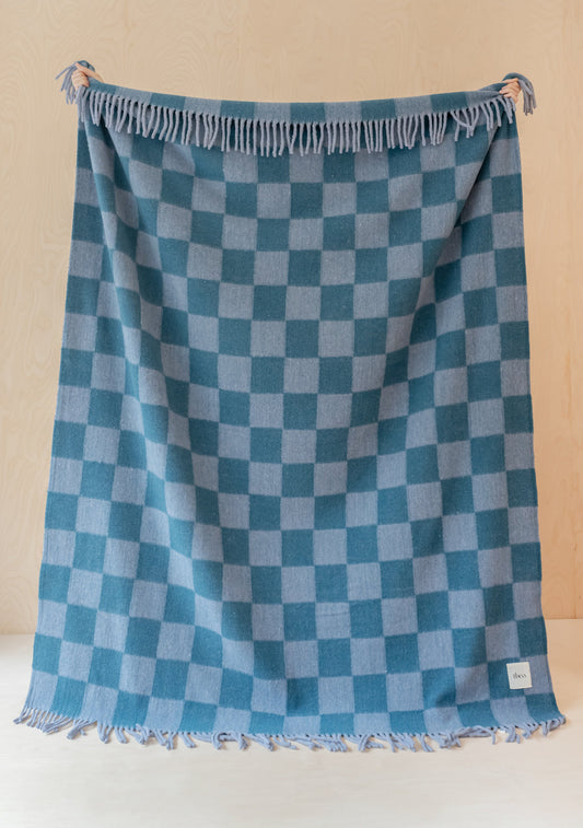 Brushed Recycled Wool Blanket - Blue Checkerboard