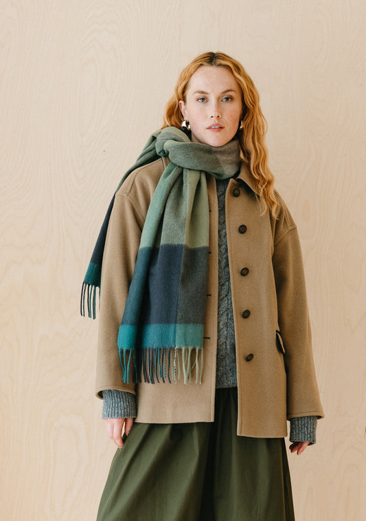 Lambswool Oversized Scarf - Green Edge Check