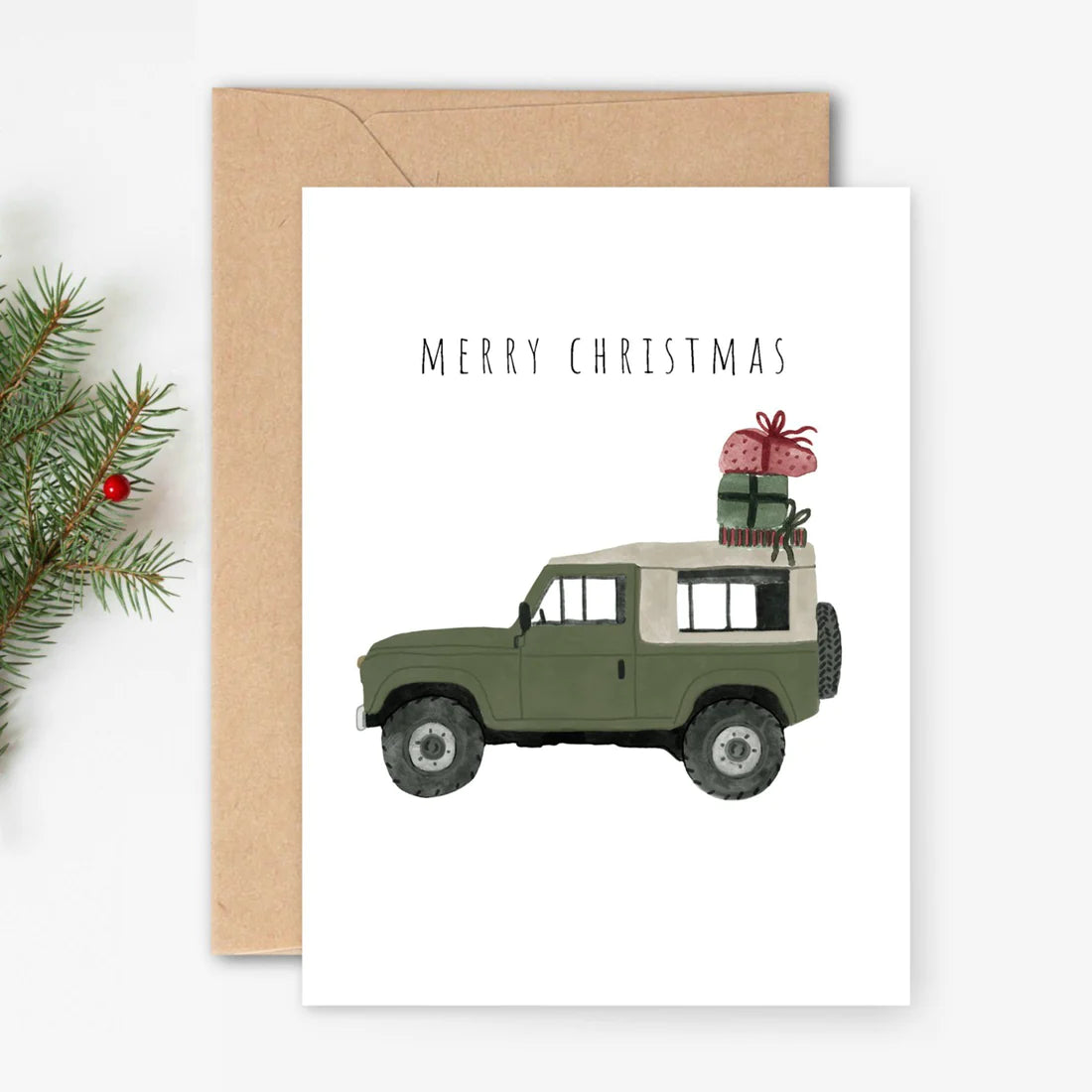 Green Landrover Defender Christmas Card